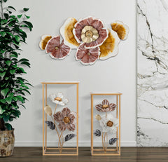 Panel mural decorativo de metal 3D con flores y hojas multicolor