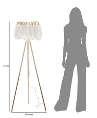 Lámpara de pie de metal dorado con pantalla de plumas blancas