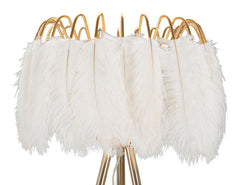 Lámpara de pie de metal dorado con pantalla de plumas blancas