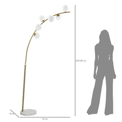 Lámpara de pie arqueada Glamy Metal Dorado base Mármol 6 Esferas Cristal Blanco