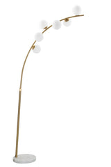 Lámpara de pie arqueada Glamy Metal Dorado base Mármol 6 Esferas Cristal Blanco