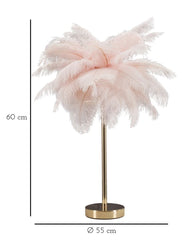 Lámpara de mesa Palm de metal dorado con pantalla de plumas rosas
