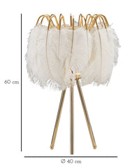 Lámpara de mesa de metal dorado con pantalla de plumas blancas