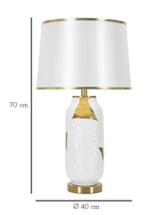 Lámpara de mesa cerámica blanca y dorada pantalla de tela blanca con bordes dorados