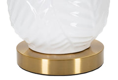 Lámpara de mesa cerámica blanca y dorada pantalla de tela blanca con bordes dorados