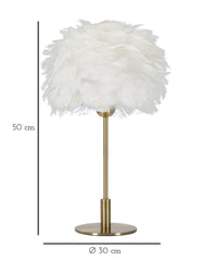Lámpara de mesa de metal dorado con pantalla de plumas blancas