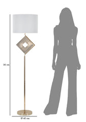 Lámpara de pie decorativa Move de metal dorado con pantalla de tela blanca y borde dorado