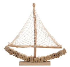 Escultura de velero de madera con vela de tela y base de madera