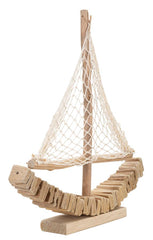 Escultura de velero de madera con vela de tela y base de madera