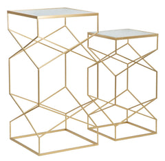 Mesa cuadrada de metal dorado con tablero de cristal