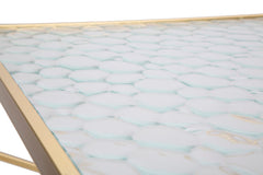 Mesa cuadrada de metal dorado con tablero de cristal