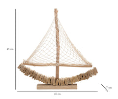 Escultura de velero de madera con vela de tela y base de madera