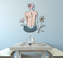 Panel decorativo de pared 3D metal Negro niña sentada flores de colores