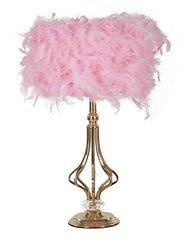 Lámpara de mesa Tarty, metal dorado, pantalla de plumas rosas