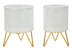 Set de 2 porta-macetas redondos de metal blanco y soporte de metal dorado