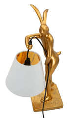 Lámpara de mesa de resina dorada, modelo Conejo, pantalla de tela blanca