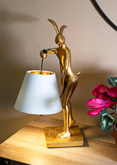 Lámpara de mesa de resina dorada, modelo Conejo, pantalla de tela blanca