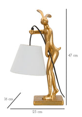 Lámpara de mesa de resina dorada, modelo Conejo, pantalla de tela blanca