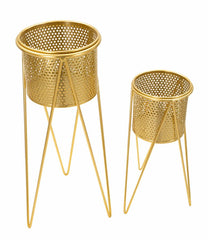 Portamacetas de metal dorado, juego de 2 piezas decorado con esculturas redondas irregulares