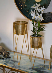 Portamacetas de metal dorado, juego de 2 piezas decorado con esculturas redondas irregulares