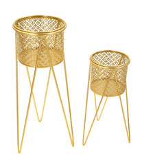 Soporte para jarrón de metal dorado decorado con esculturas redondas - Juego de 2 piezas