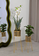 Soporte para jarrón de metal dorado decorado con esculturas redondas - Juego de 2 piezas
