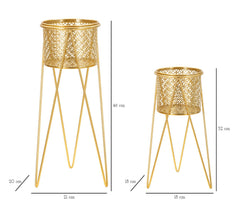 Soporte para jarrón de metal dorado decorado con esculturas redondas - Juego de 2 piezas