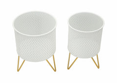 Set de 2 porta-macetas redondos de metal blanco y soporte de metal dorado