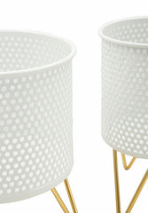 Set de 2 porta-macetas redondos de metal blanco y soporte de metal dorado