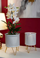 Set de 2 porta-macetas redondos de metal blanco y soporte de metal dorado