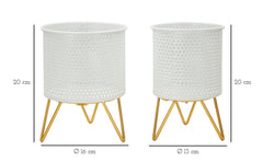 Set de 2 porta-macetas redondos de metal blanco y soporte de metal dorado