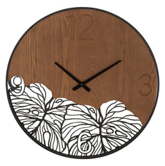 Reloj de pared redondo de madera metalizada con decoración de hojas