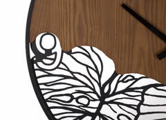 Reloj de pared redondo de madera metalizada con decoración de hojas