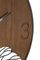 Reloj de pared redondo de madera metalizada con decoración de hojas