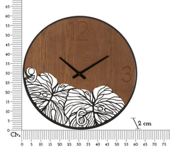 Reloj de pared redondo de madera metalizada con decoración de hojas
