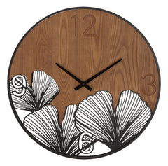 Reloj de pared redondo de metal y madera con esculturas de hojas