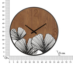Reloj de pared redondo de metal y madera con esculturas de hojas