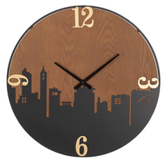 Horloge murale ronde métal et bois décorée ligne d'horizon