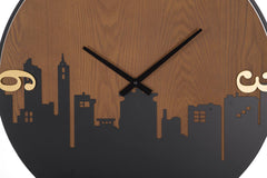Horloge murale ronde métal et bois décorée ligne d'horizon
