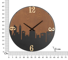 Horloge murale ronde métal et bois décorée ligne d'horizon