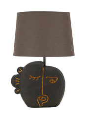 Lámpara de mesa Tribal Resina Negra pantalla Tela Gris