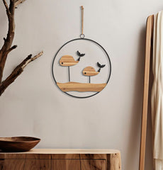 Panel de pared decorativo 3D redondo metal madera Ballenas