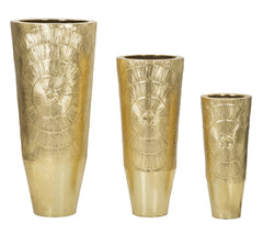 Floreros de metal dorado, juego de 3, con decoraciones circulares en relieve