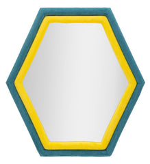 Espejo de pared hexagonal con marco de madera y terciopelo azul y amarillo