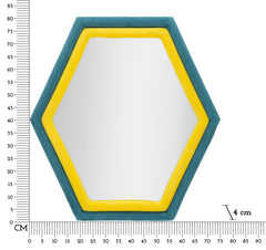 Espejo de pared hexagonal con marco de madera y terciopelo azul y amarillo