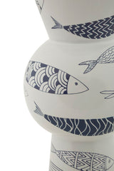 Jarrón alto de cerámica blanca con decoración de peces y azul
