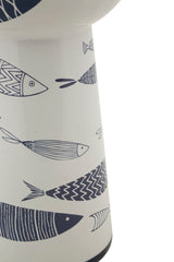 Jarrón alto de cerámica blanca con decoración de peces y azul