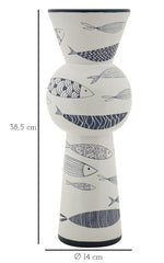Jarrón alto de cerámica blanca con decoración de peces y azul