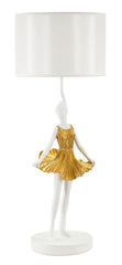 Lámpara de mesa Dancer de metal y resina, vestido dorado, pantalla de tela blanca