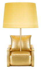 Lámpara de mesa Mid-Century de resina dorada con pantalla de tela ocre amarillo